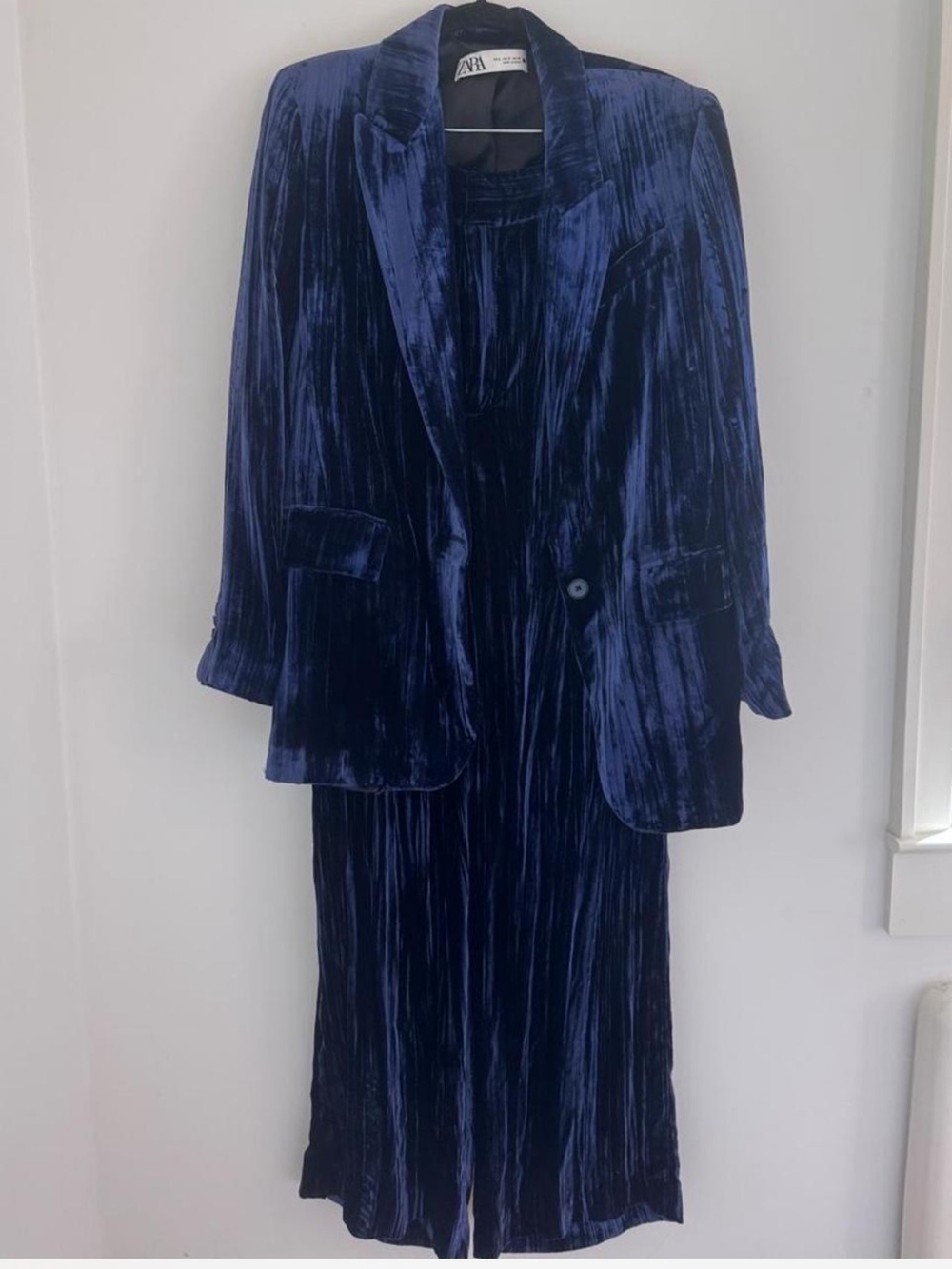 Zara Deep Navy Crushed Velvet Blazer